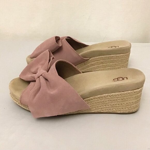 UGG 8.5 Jaycee Suede Rose Pink Bow Women’s Espadrille Wedge Sandals Shoes - Picture 12 of 12